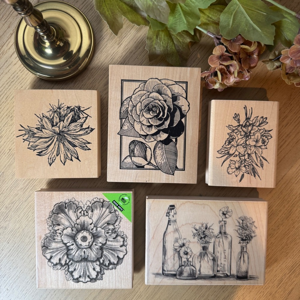 Vintage Lot of 5 Floral Oversized Wood Mounted Rubber Stamps Botanical Cottage